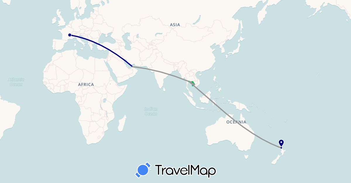 TravelMap itinerary: driving, bus, plane, boat in United Arab Emirates, France, Cambodia, New Zealand, Thailand (Asia, Europe, Oceania)