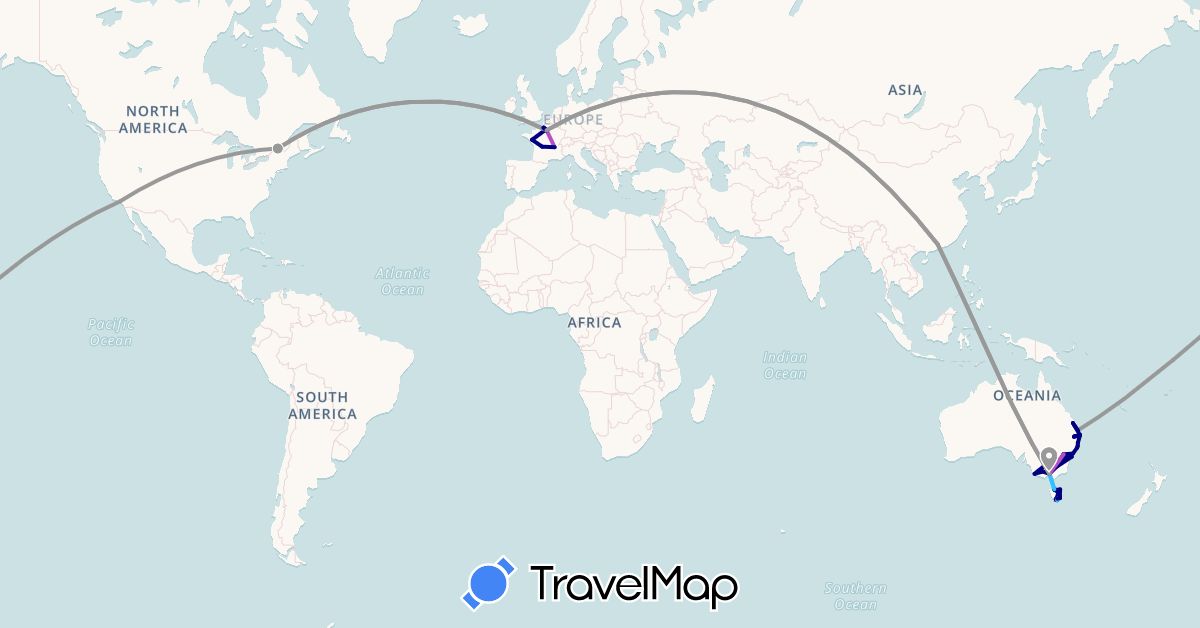 TravelMap itinerary: driving, plane, train, boat in Australia, Canada, China, France, United States (Asia, Europe, North America, Oceania)